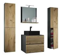 Ezooza Luce - Juego de baño de 5 piezas, mueble suspendido, 2 cajones con lavabo negro, grande, de cerámica, incluye 2 columnas y espejo, antro/roble