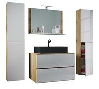 Ezooza Luce - Juego de baño de 5 piezas, mueble suspendido, 2 cajones con lavabo negro, XL, de cerámica, incluye 2 columnas y espejo, roble/blanco