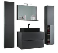 Ezooza Luce - Juego de baño de 5 piezas, mueble suspendido, 2 cajones con lavabo negro, XL, de cerámica, incluye 2 columnas y espejo, color antracita