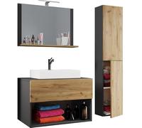 Ezooza Luz Juego de baño de 4 piezas Mueble suspendido 1 cajón con lavabo extra grande de cerámica incl 1 columna y espejo, Antr/Roble,