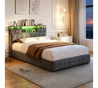 EZSSW Cama Baúl 140 x 200 Delantero Hidráulico, Cama Doble - Cabecero de Cama con Almacenamiento y USB Tipo C, LED RGB, Estructura Metal Silencioso, Terciopelo Capitonado, Gris
