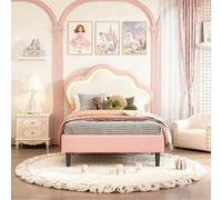 EZSSW Cama para niña 90 x 200 cm, color rosa con LED, cama individual con somier de láminas y cabecero acolchado, forma de nube, piel sintética, patas de cama altas, cuna para habitación de niña (rosa