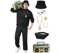 Ezuwail Disfraz de los años 80, chándal de los años 90, traje deportivo para hombre, para Halloween, carnaval, disfraces, 80s, 90s, 9 unidades (negro/S)