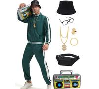 Ezuwail Disfraz de los años 90 para hombre, estilo retro de los años 80, juego de chándal, disfraz de Halloween, carnaval, festivales, 9 unidades (verde/XXL)