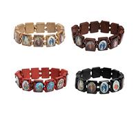 EZVFIRPDFZ 4 pulseras de madera de Jesús, Virgen María, santos, rosario, pulsera elástica de madera con panel pequeño, regalo de Jesús