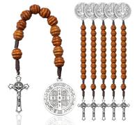 EZVFIRPDFZ 6 cuentas de oración de madera con medalla de San Benito y rosario de bolsillo de crucifijo para hombres y mujeres, coronilla de oración de madera maciza católica con cruz de Jesús plateado