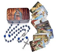 EZVFIRPDFZ Collar católico de cuentas de rosario, medalla de tierra sagrada, crucifijo con caja de metal y 18 tarjetas de oración
