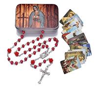 EZVFIRPDFZ Collar católico de cuentas de rosario, medalla de tierra sagrada, crucifijo con caja de metal y 18 tarjetas de oración