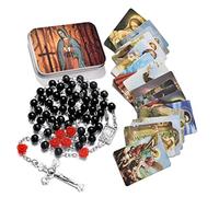 EZVFIRPDFZ Collar católico de cuentas de rosario, medalla de tierra sagrada, crucifijo con caja de metal y 18 tarjetas de oración