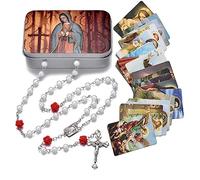 EZVFIRPDFZ Collar católico de cuentas de rosario, medalla de tierra sagrada, crucifijo con caja de metal y 18 tarjetas de oración