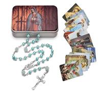 EZVFIRPDFZ Collar católico de cuentas de rosario, medalla de tierra sagrada, crucifijo con caja de metal y 18 tarjetas de oración