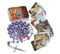 EZVFIRPDFZ Collar católico de cuentas de rosario, medalla de tierra sagrada, crucifijo con caja de metal y 18 tarjetas de oración