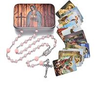 EZVFIRPDFZ Collar católico de cuentas de rosario, medalla de tierra sagrada, crucifijo con caja de metal y 18 tarjetas de oración