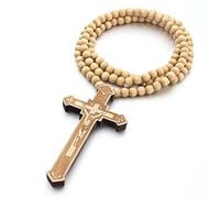 EZVFIRPDFZ Collar de cruz de madera para hombres y mujeres, colgante grande de crucifijo de Jesús, de madera natural, rosario natural, collar religioso cristiano, oración cristiana, bautizo, joyería