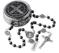 EZVFIRPDFZ Collar de rosario católico de San Benito con cuentas negras de piedra de hematita de 6 mm para hombres y niños con pieza central de San Benito y crucifijo con caja de metal