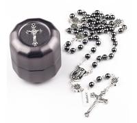 EZVFIRPDFZ Collar de rosario católico de San Miguel con cuentas de piedra de hematita con cruz de metal para hombres y mujeres en caja de metal