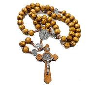 EZVFIRPDFZ Collar de rosario de cuentas de madera, medalla de San Benito y cruz católica, oración religiosa, cadena de coronilla hecha a mano, bolsa de terciopelo