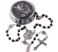 EZVFIRPDFZ Collar de rosario de cuentas de piedra negra de hematita de San Miguel Arcángel con caja de regalo de metal para hombre