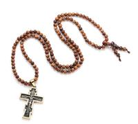 EZVFIRPDFZ Collar de rosario elástico con crucifijo, cuentas de madera, hecho a mano, de acero inoxidable, amuleto de cruz, colgante cristiano para hombres y mujeres