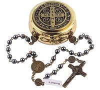 EZVFIRPDFZ Cuentas de piedra negra de hematita de 6 mm con medalla de San Benito antibronce y rosario católico de crucifijo para hombres y mujeres con caja de rosario católico de metal dorado