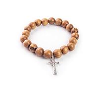 EZVFIRPDFZ Pulsera de rosario para mujer, de madera de olivo elástica con colgante de cruz, pulsera de oración de rosario de madera cristiana de 4 décadas, para mujeres y niñas, católico