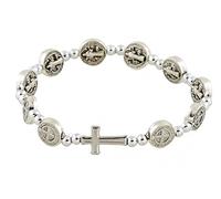 EZVFIRPDFZ Pulsera elástica de rosario con medalla de San Benito en tono plateado, 7 1/2 pulgadas