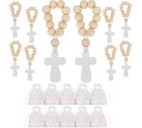 EZVFIRPDFZ Recuerdos de bautizo, 10 rosarios de madera con colgante de cruz y bolsas de malla blanca, recuerdos de rosario para bautizo, comunión, confirmación, baby shower, bautizo