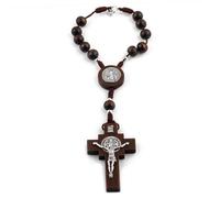 EZVFIRPDFZ Rosario católico de madera para automóvil, una década con centro de mesa de medalla de San Benito y diseño de cierre seguro para espejo, retrovisor, puerta de casa (marrón oscuro)