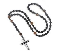 EZVFIRPDFZ Rosario católico de San Benito con cuentas de hematita, collar con colgante de crucifijo para hombre, meditación de oración, meditación de San Benito, medallas religiosas de obsidiana (F)
