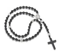 EZVFIRPDFZ Rosario católico de San Benito con cuentas de hematita, collar con colgante de crucifijo para hombre, meditación de oración, meditación de San Benito, medallas religiosas de obsidiana (F)