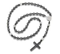 EZVFIRPDFZ Rosario católico de San Benito con cuentas de hematita, collar con colgante de crucifijo para hombre, meditación de oración, meditación de San Benito, medallas religiosas de obsidiana (F)