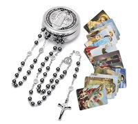 EZVFIRPDFZ Rosario católico para hombres y mujeres, pieza central de San Benito y crucifijo, cuentas de rosario de cristal negro con caja milagrosa de San Benito y 18 tarjetas de oración