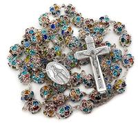 EZVFIRPDFZ Rosario de cuentas de cristal de circonita colorida, collar católico de plata con medalla milagrosa, crucifijo, rosarios en bolsa de terciopelo