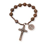 EZVFIRPDFZ Rosario de cuentas de madera de una década hecho a mano, espejo de bolsillo para coche con medalla de San y cruz de Jesús en bronce antiguo, rosario de madera apto para viajes