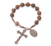 EZVFIRPDFZ Rosario de cuentas de madera de una década hecho a mano, espejo de bolsillo para coche con medalla de San y cruz de Jesús en bronce antiguo, rosario de madera apto para viajes