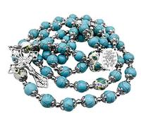 EZVFIRPDFZ Rosario de cuentas de mármol turquesa católico, collar con cuentas de flores, medalla milagrosa, crucifijo, rosarios plateados en bolsa de terciopelo