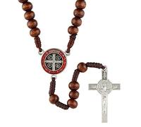 EZVFIRPDFZ Rosario de San Benito, cuentas de oración de madera con crucifijo y centro de mesa, rosarios hechos a mano, idea católica, 12 pulgadas