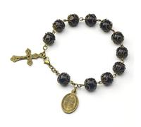 EZVFIRPDFZ San Benito - Pulsera de medalla y crucifijo con cuentas negras, rosario, medalla católica de San Benito, pulseras de bronce