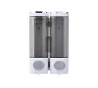 Ezweiji Dispensador de jabón manual, fijación a la pared para gel de ducha, champú, acondicionador, jabón líquido, dispensador de jabón, sin agujeros, 300 ml con ventana transparente (blanco plateado
