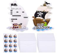 Ezydka Juego de 12 tarjetas de invitación de cumpleaños para niños, diseño de piratas alemanes, invitaciones de cumpleaños con sobre y pegatinas para niños para cumpleaños, fiesta pirata