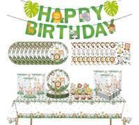 Ezydka Wild One Geburtstag Deko Jungel Partygeschirr Set Safari Tischdeko mit Girlande Tischdecke Servietten Geschenktüten Cake Topper für Geburtstagsdeko Party Deko