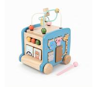 F Fityle Children Juguete Educativo de Madera Tipo Autobús Centro de Actividades Carrito Interactivo Cubo Sensorial con Engranajes y Bloques de Animales, Azul, 16 16 18CM