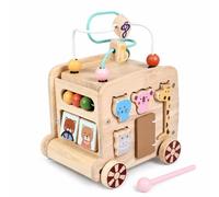 F Fityle Children Juguete Educativo de Madera Tipo Autobús Centro de Actividades Carrito Interactivo Cubo Sensorial con Engranajes y Bloques de Animales, Color Madera Natural, 16 16 18CM