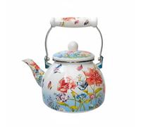 F Fityle Hervidor de Agua Esmaltado Olla Cocina, Blanco, Blanco Con Mariposas Y Flores Rosas Y Azules, Diseño De Mariposas Y Flores Rosas Y Azules