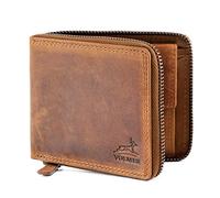 FA.Volmer ® Monedero de Piel para Hombre - Cartera de Piel auténtica con Cremallera circunferencial - Protección RFID - Compartimento para Monedas con Soporte para Carro de la Compra, marrón