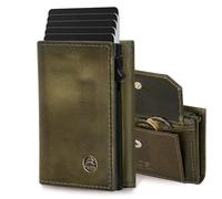 Fa.Volmer POP-UP Tarjetero con monedero de piel auténtica para hombre y mujer | 11 tarjetas | protección RFID | cartera, verde oscuro, XL MÜNZFACH, Monedero grande