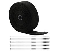 FAAING Cinta de protección térmica de fibra de basalto, 15 m x 50 mm, color negro, con 10 bridas de acero inoxidable, cinta de escape de fibra de vidrio para motocicleta, colector de abanico, cinta