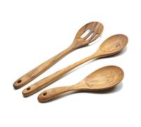 FAAY Cucharas de madera 3 en 1, utensilios de cocina de teca dorada hechos a mano, que incluyen una cuchara de cocina de 13,5 pulgadas, una cuchara ranurada y una cuchara versátil de 9 pulgadas
