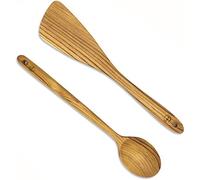 FAAY Juego de utensilios de madera de 12.5 pulgadas (2 piezas), espátula y cuchara de madera de teca, 100% natural de madera de teca de alta resistencia a la humedad, espátula de cuchara de madera