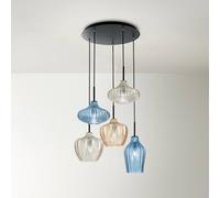 Fabas Luce Lámpara colgante Olbia, Ø 50 cm, 5 luces, ámbar/azul/beige, cristal